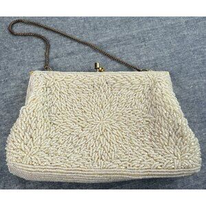 Vintage Beaded Evening Clutch Purse with‎ Chain Strap Ivory Pearl Design GUC